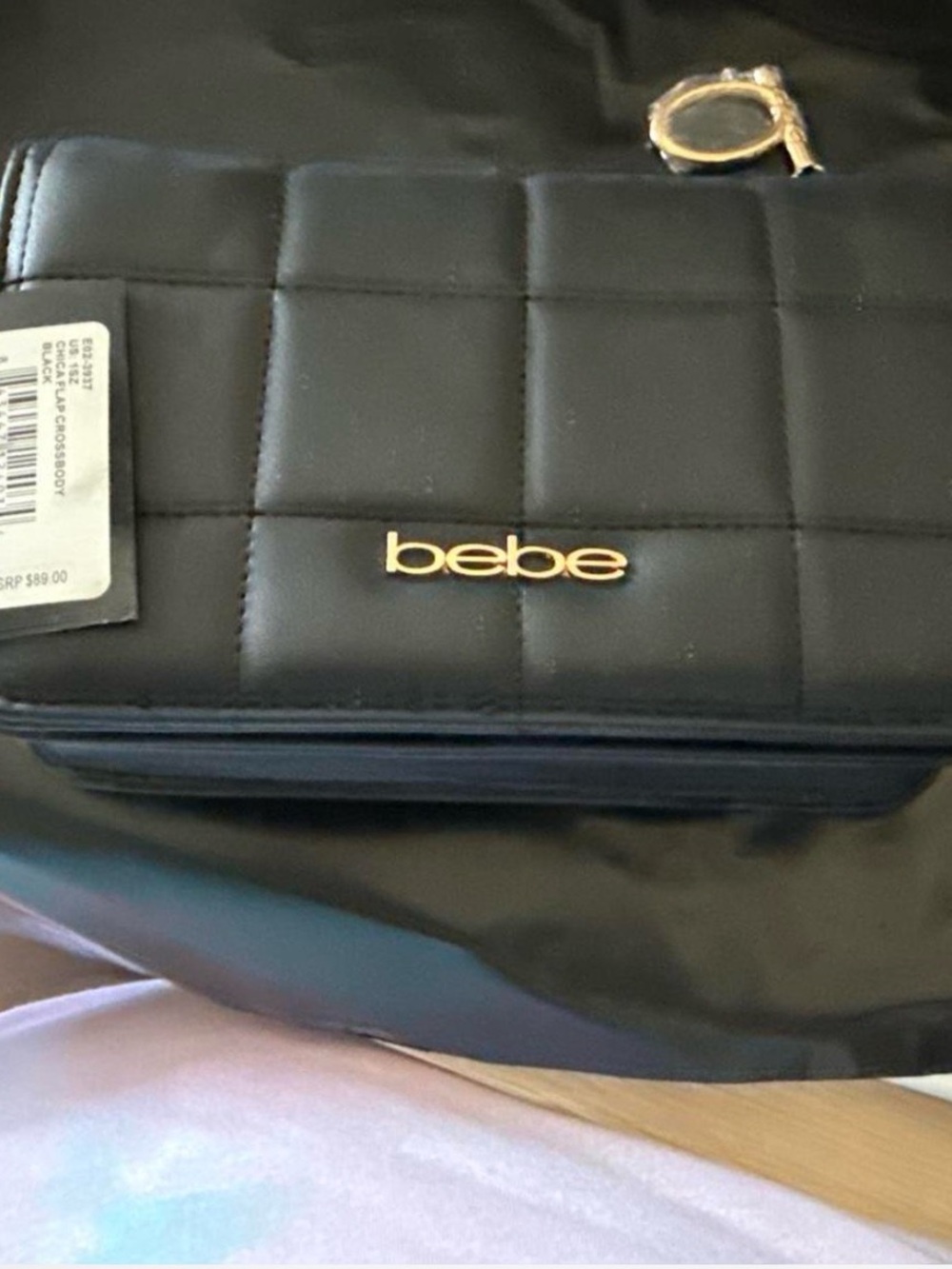 bebe Black Quilted Shoulder Bag with Gold Logo